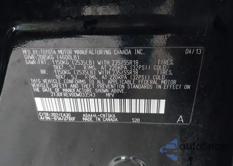 2013 Toyota Rav4 Limited z USA, uszkodzony, nr VIN 2T3DFREV0DW033543